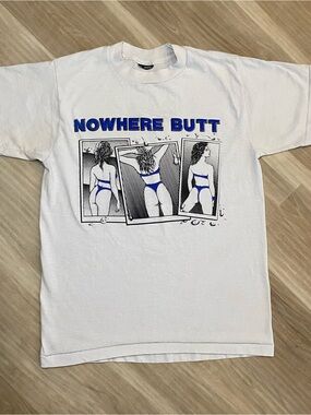 Vintage 90s Funny Novelty Shirt Mens Medium White Nowhere Butt Bikini Graphic